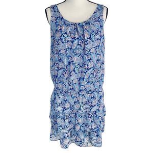MNG Cottagecore Paisley Ruffle Casual Dress Blue Medium